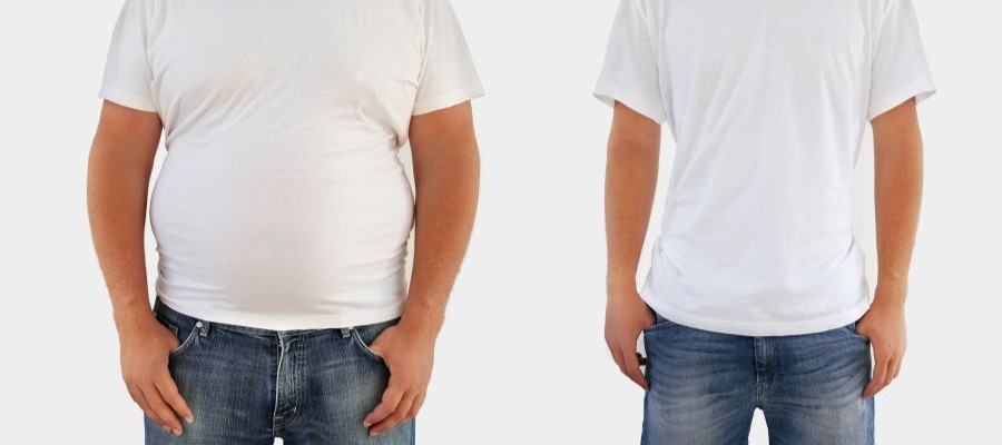 On the left is an overweight person in jeans and a white t-shirt. On the right is a person in jeans and white t-shirt who is of a healthy weight.