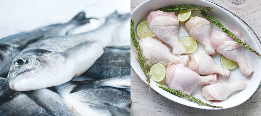 A side by side image with a pile of fish on the left and a bowl of chicken drumsticks with lime slices and rosemary sprigs on the right.